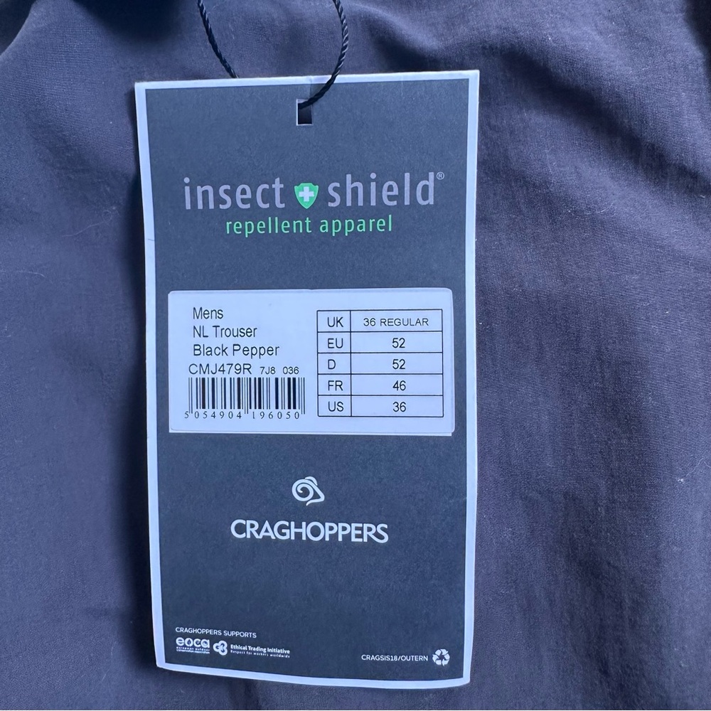 CRAGHOPPERS Men’s Black Pepper NL Insect Shield Repellent Trouser Pants-Size 36R - Picture 10 of 15